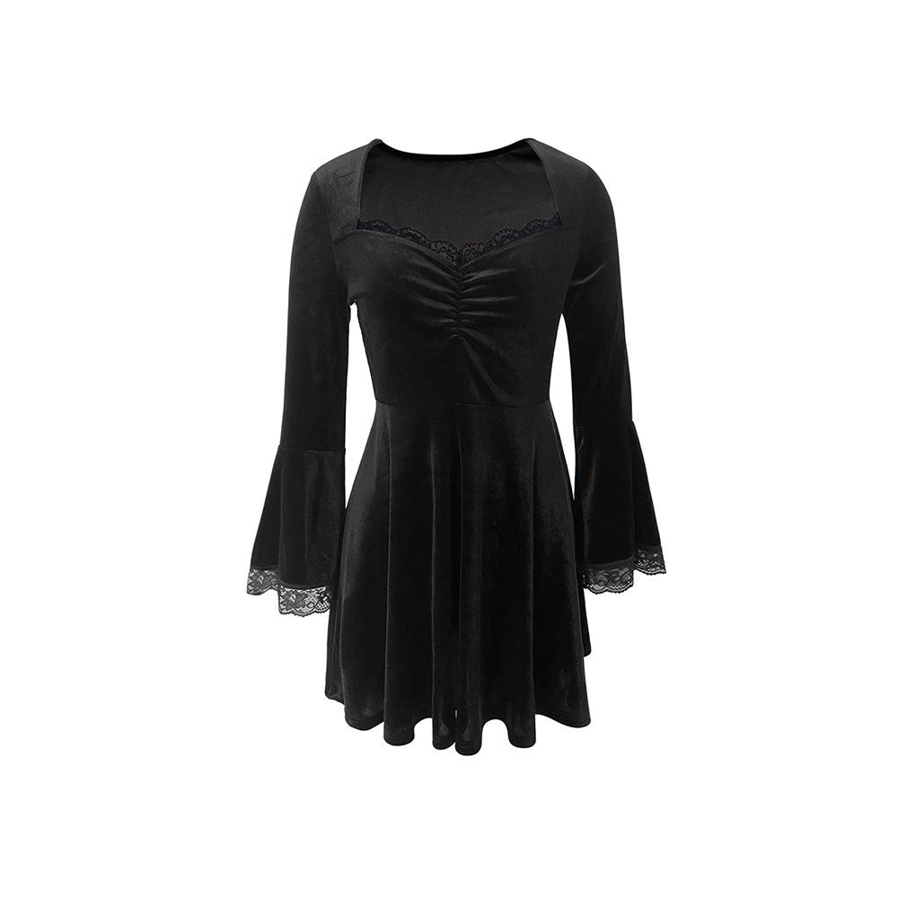 Damen Minikleid mit Spitzenärmel und elegantem V-Ausschnitt Drune