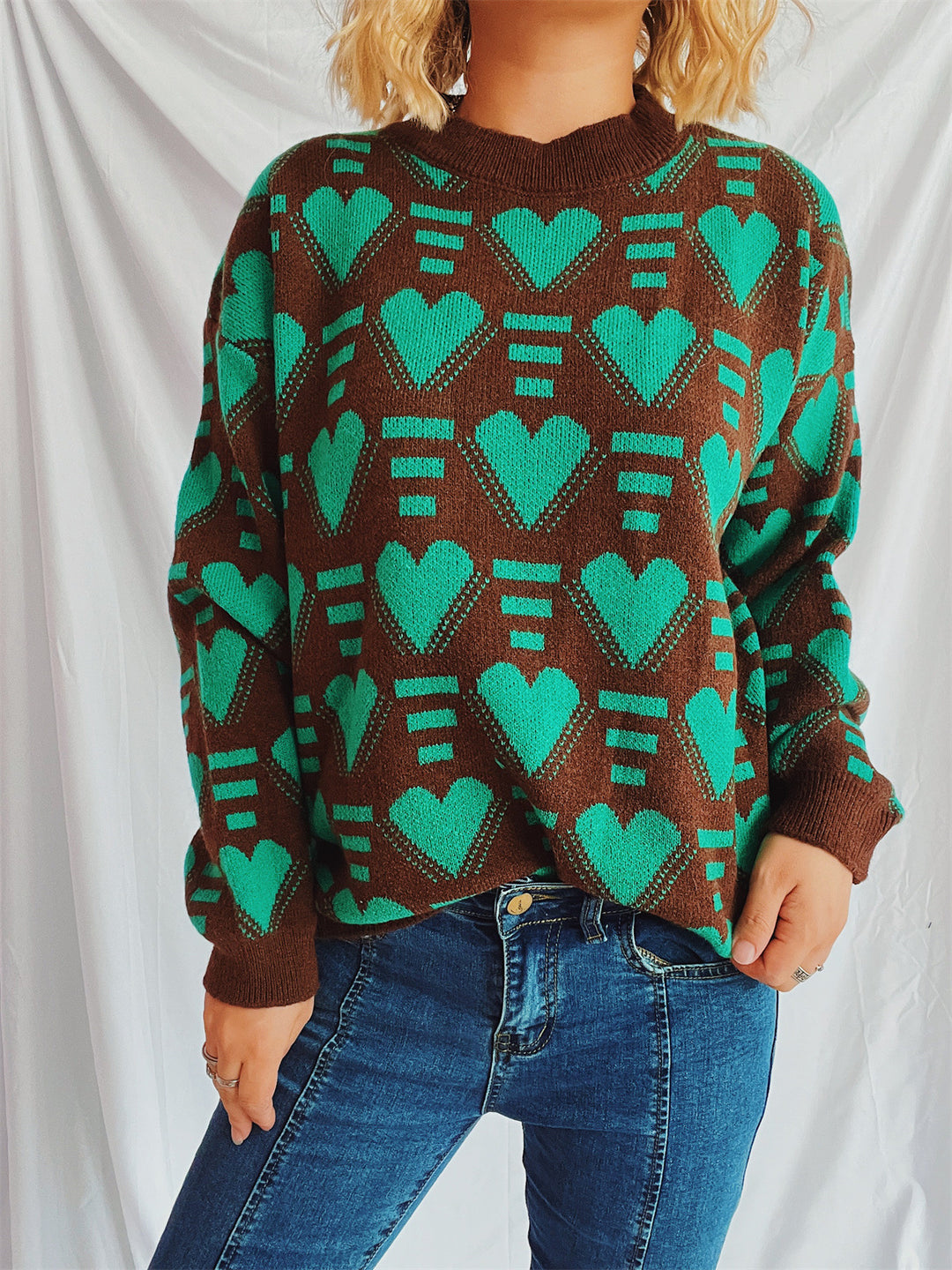 Damen gestrickter Pullover im modernen Herzdesign mit weitem Schnitt Drune