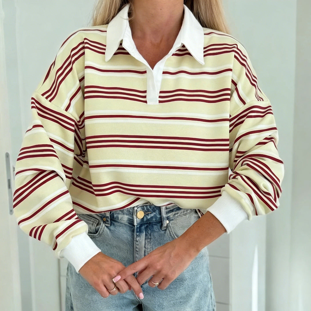 Damen Lässiger Polo-Sweater mit Streifenmuster und weitem Schnitt Drune