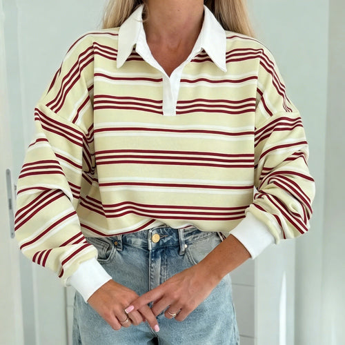 Damen Lässiger Polo-Sweater mit Streifenmuster und weitem Schnitt Drune