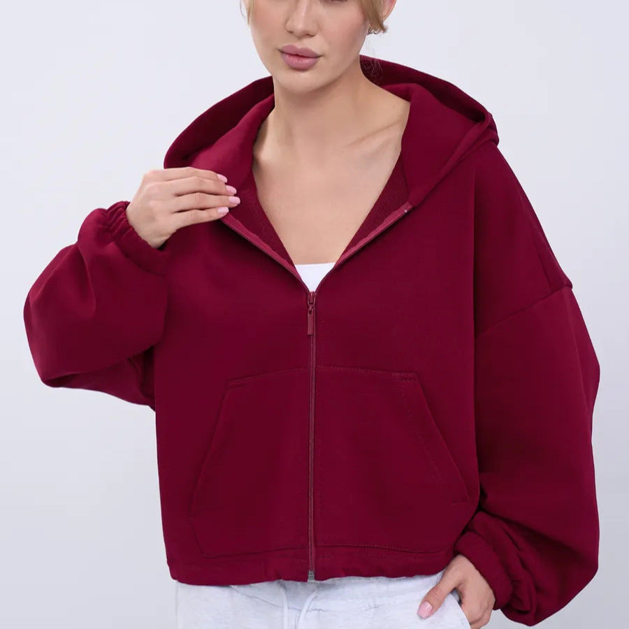Damen lässiger cropped Kapuzenpullover mit voluminösen Ärmeln Drune