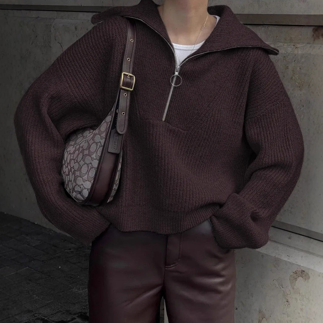 Damen Grober Strickpullover mit Stehkragen und Reißverschluss Drune