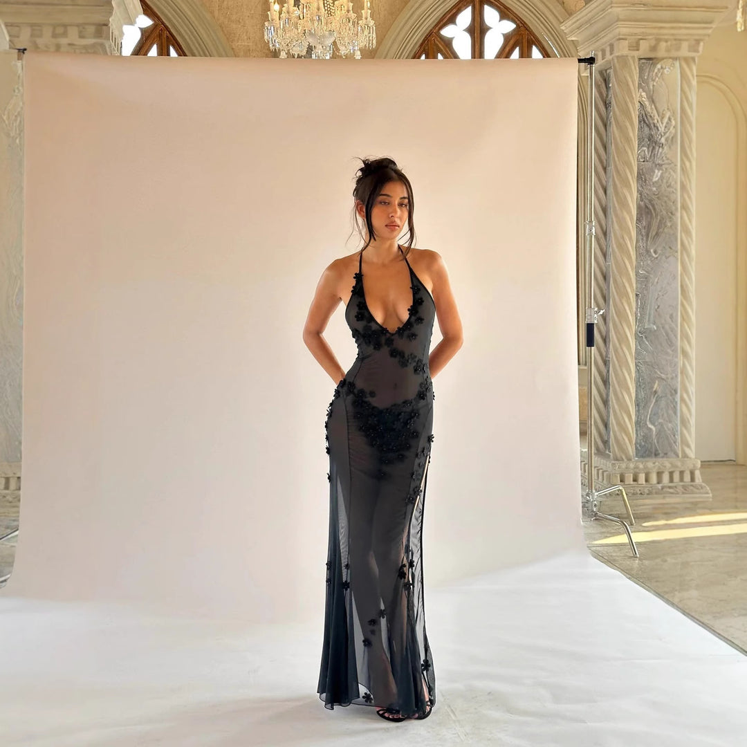 Damen Dekoratives Maxikleid mit raffinierten Spitzenakzenten und verführerischem V-Ausschnitt Drune