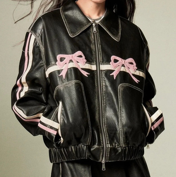 Damen Kunstlederjacke mit Rüschen und elastischem Saum Drune