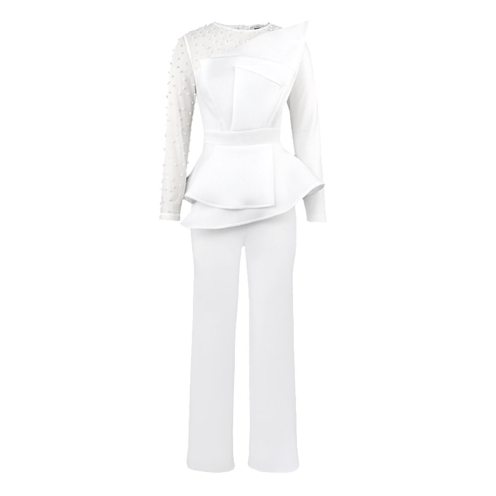 Damen Eleganter Jumpsuit mit transparenten Puffärmeln und tiefem V-Ausschnitt Drune