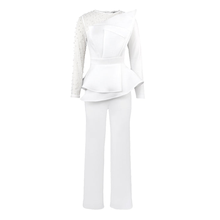 Damen Eleganter Jumpsuit mit transparenten Puffärmeln und tiefem V-Ausschnitt Drune
