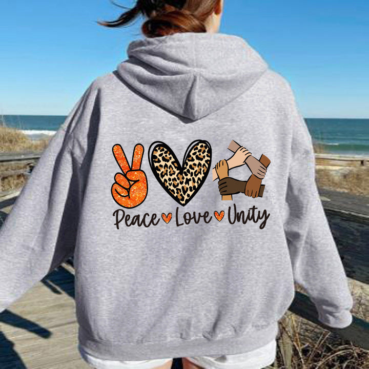 Damen Kapuzenpullover mit hochwertigem Peace-Love-Unity-Design Drune
