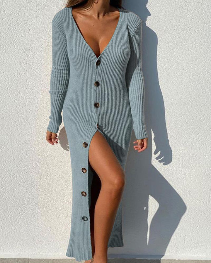 Damen Langarm Kleid mit durchgehender Knopfleiste und seitlichem Schlitz Drune