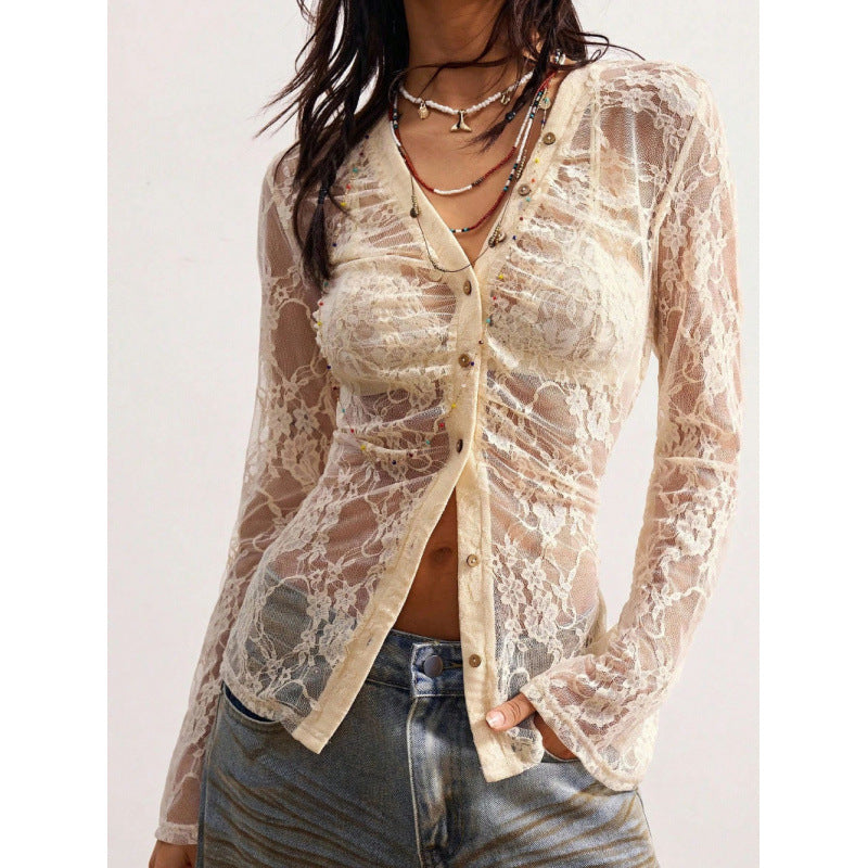 Damen Spitzenbluse mit zarter Wirkung und Knopfdetails Drune