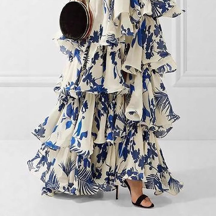 Damen Maxikleid mit verspielten Rüschen und floralen Akzenten Drune