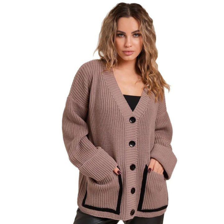 Damen Grobstrickjacke mit großen Taschen und dekorativem Knopf Drune