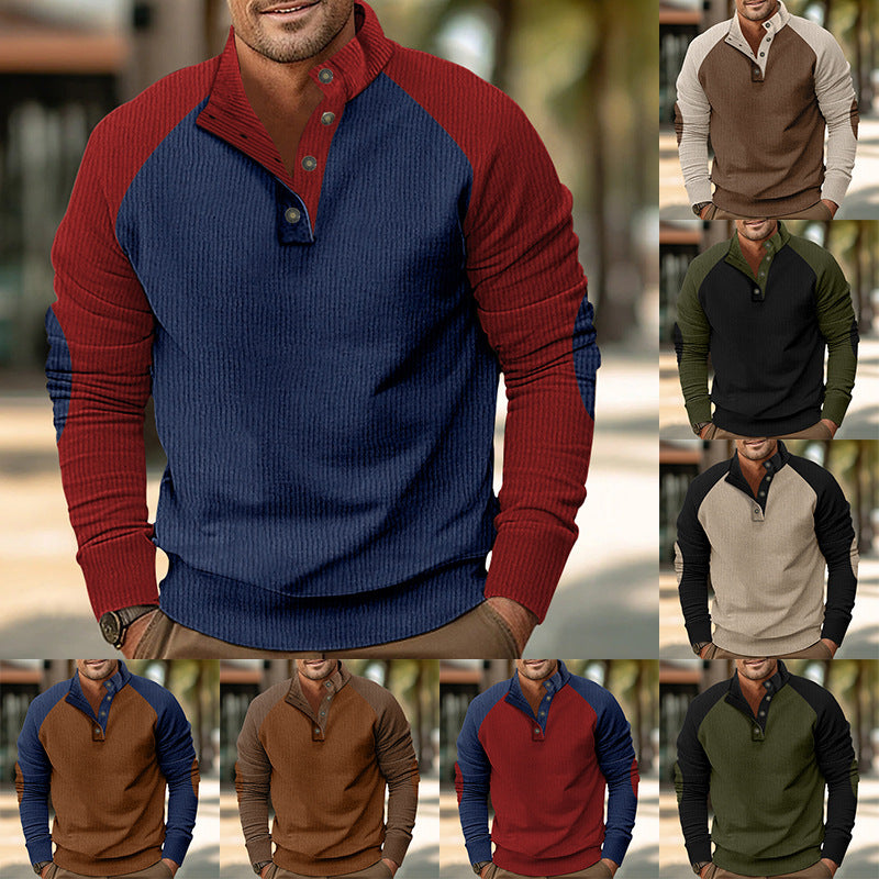 Herren Ripp-Pullover mit Knopfleiste und kontrastierenden Ärmeln Drune