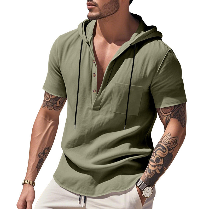 Herren Kurzarm-Henley-Hemd mit Kapuze und Knopfleiste Drune