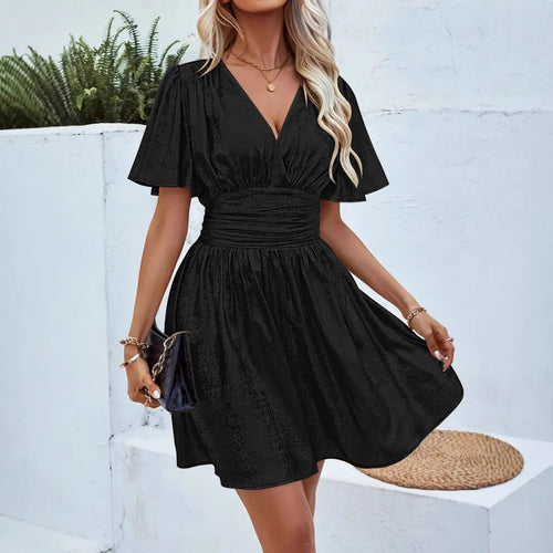 Damen Abendkleid mit schimmerndem V-Ausschnitt und voluminösen Ärmeln Drune