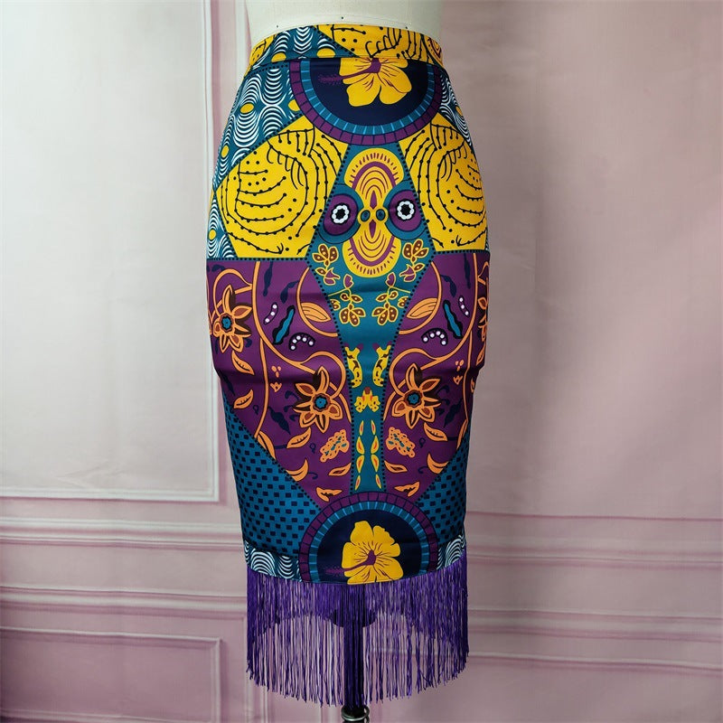 Damen eleganter Rock mit Fransen und außergewöhnlichem Print Drune