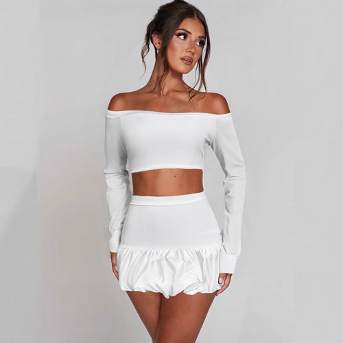 Damen Off-Shoulder Crop-Top und Faltenrock Set Drune