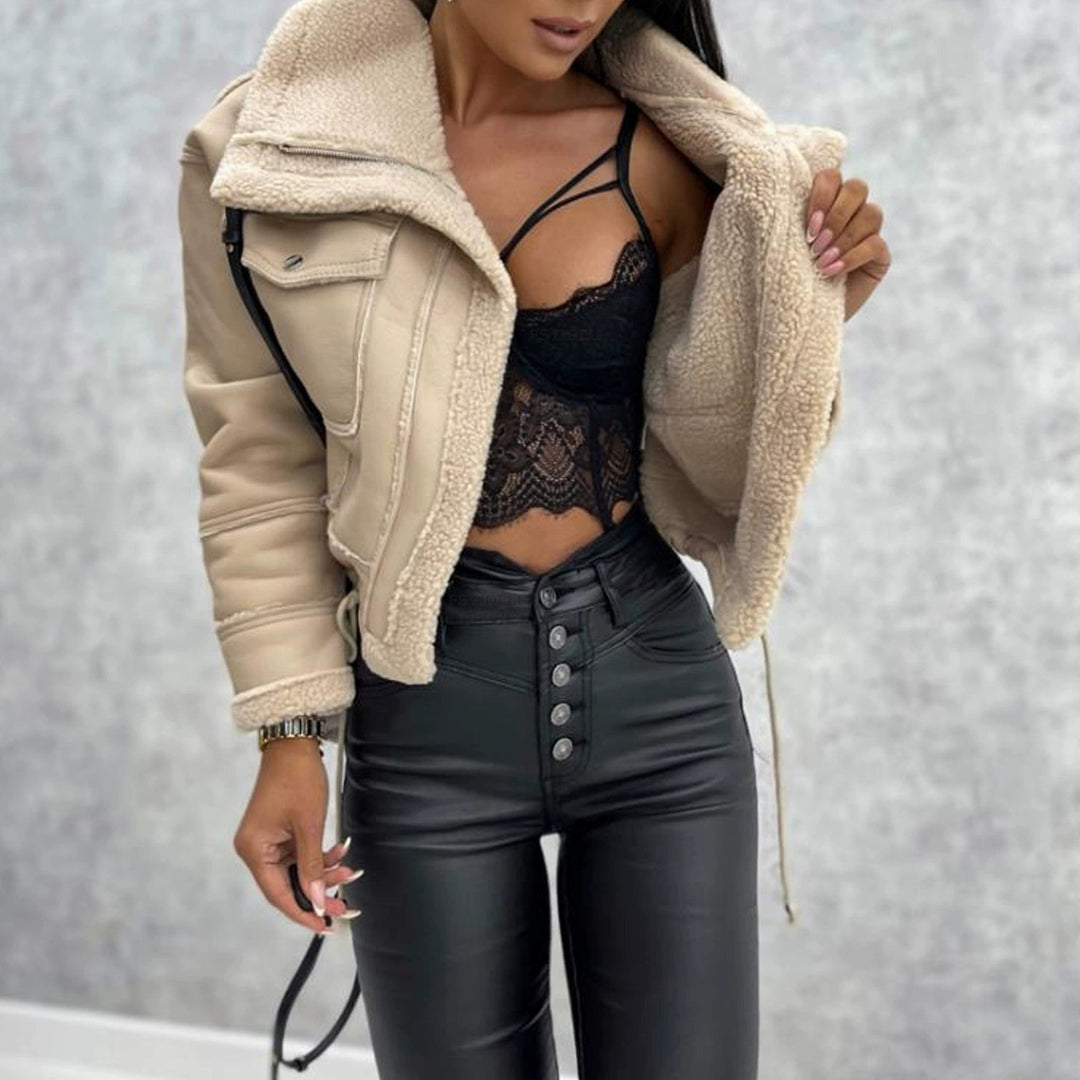Damen Short Lederjacke mit warmem Fleece-Futter Drune