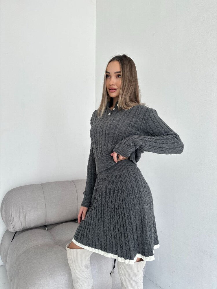 Damen nan Kabelstrick-Set mit Polo-Kragen und ausgestelltem A-Linien-Rock Drune
