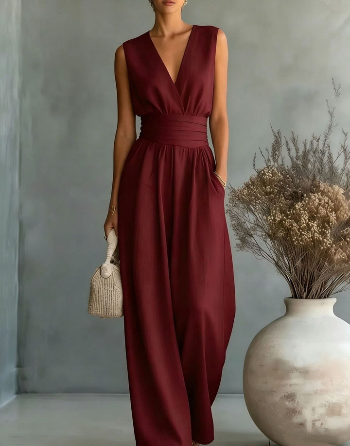 Drune | Eleganter Ärmelloser Jumpsuit mit Tiefem V-Ausschnitt, Taillenbund und Weitem Bein