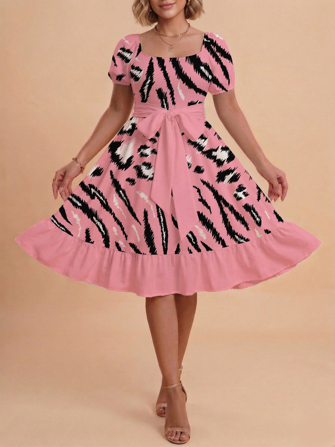 Damen Sommerliches Blumenkleid mit taillierbarem Gürtel und voluminösen Ärmeln Drune