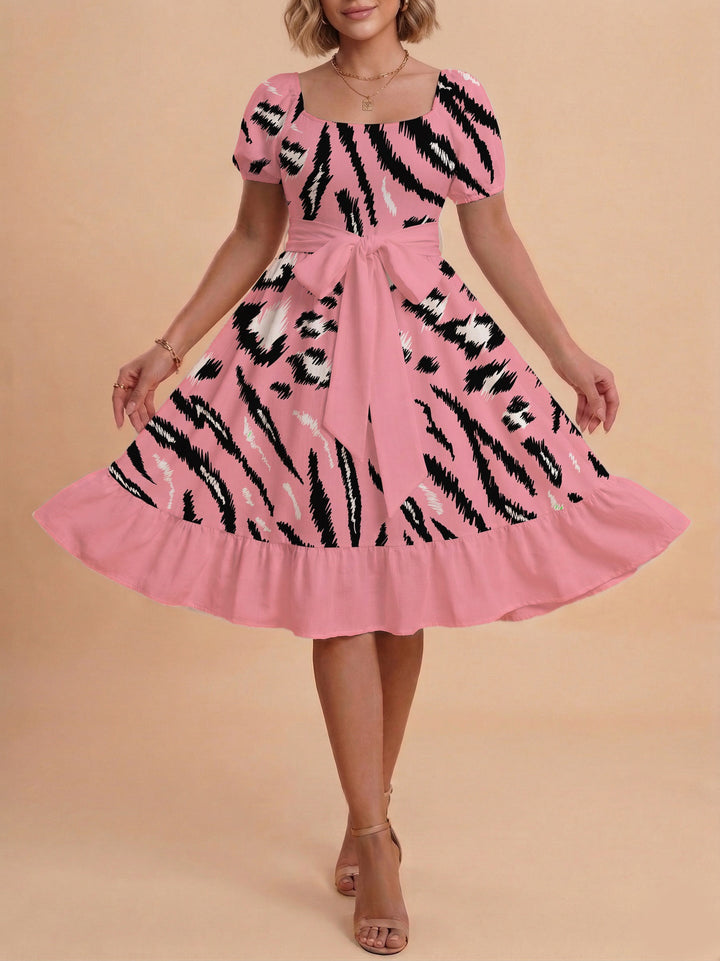 Damen Sommerliches Blumenkleid mit taillierbarem Gürtel und voluminösen Ärmeln Drune