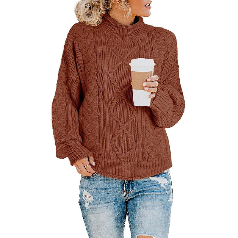 Damen Strickpullover mit hohem Kragen und dekorativem Zopfmuster Drune