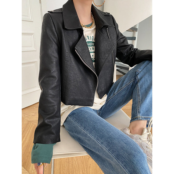 Damen vegane Lederjacke im Biker-Stil mit asymmetrischem Reißverschluss Drune