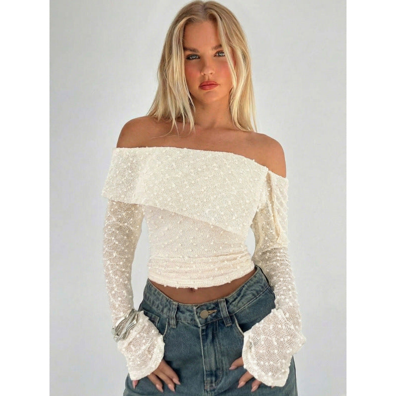 Damen Off-Shoulder Oberteil mit eleganten Rüschendetails und langen Ärmeln Drune