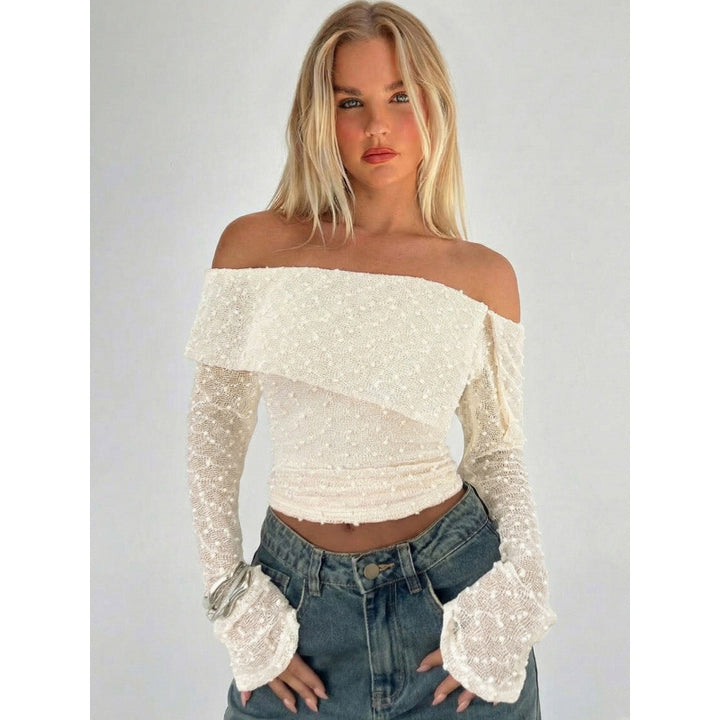 Damen Off-Shoulder Oberteil mit eleganten Rüschendetails und langen Ärmeln Drune