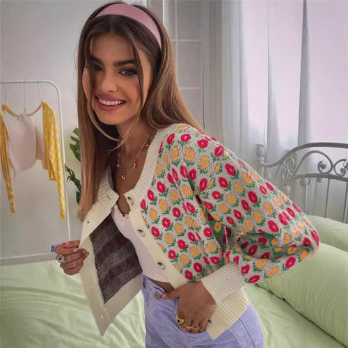 Damen Strickjacke mit floralem Muster Drune
