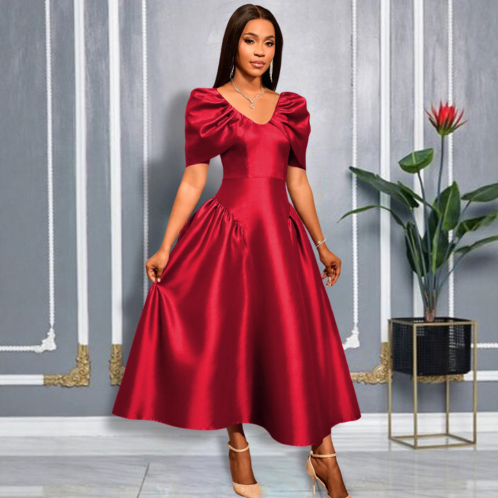 Damen elegantes Midikleid mit voluminösen Puffärmeln und schwingendem Rock Drune