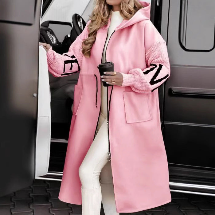 Damen Modische Longjacke mit Kapuze und Taschen Drune