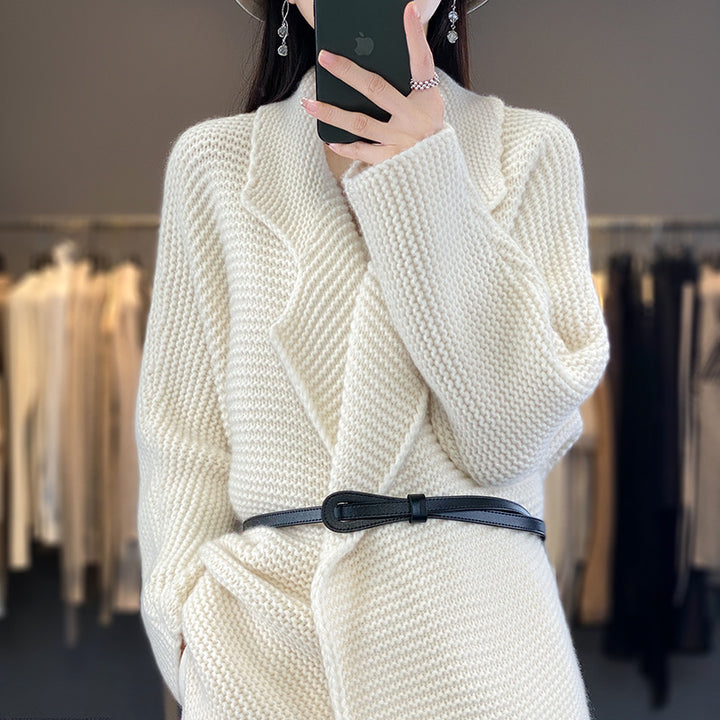 Damen Grobstrick Cardigan mit eleganten Revers und Taillengürtel Drune