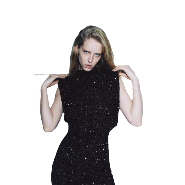 Damen Elegantes Cocktailkleid mit funkelndem Paillettendesign und hochgeschlossenem Stehkragen Drune