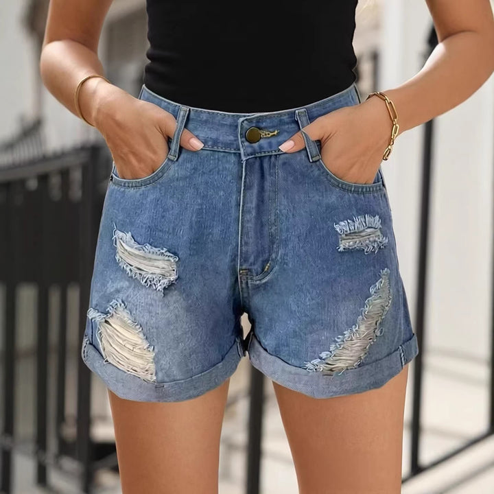 Damen Destroyed Denim-Shorts mit hohem Bund und stylischem Fransen-Look Drune