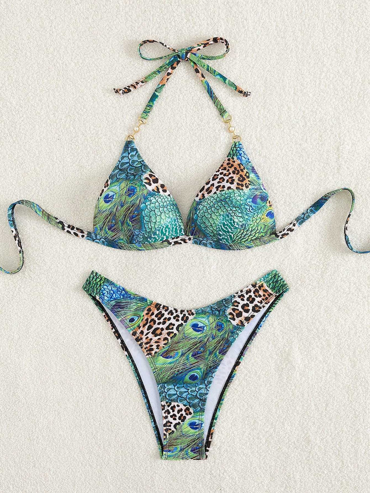 Damen Triangel-Bikini mit lebendigem Tier- und Pfauenmotiv Drune