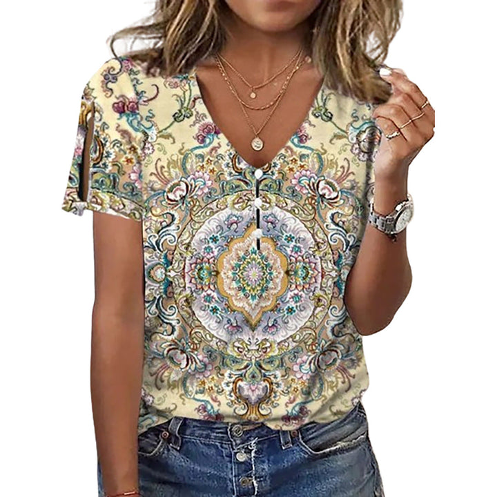 Damen Kurzarmbluse mit floralen Stickereien und Knopfdetails Drune