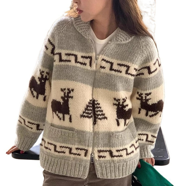 Damen Kuscheliger Zip-Cardigan mit festlichem Motiv Drune