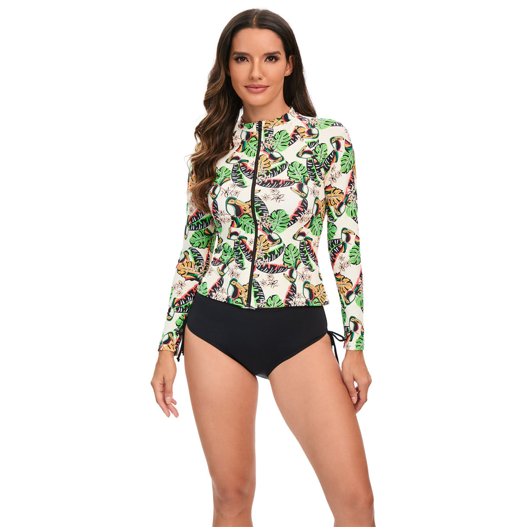 Damen Sportlicher Langarm-Rashguard mit buntem Tier- und Blattmuster Drune