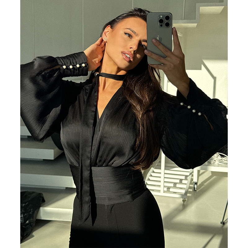 Damen elegantes Blusenoberteil mit weiten Ärmeln und Bindegürtel Drune