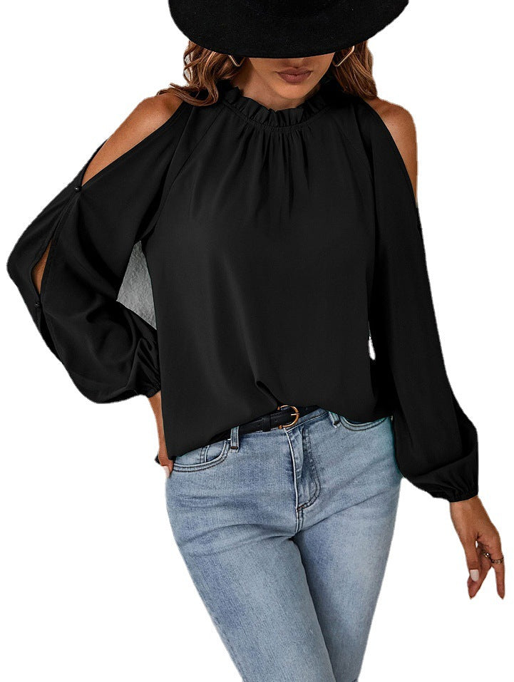 Damen schickes Oberteil mit schulterfreien Einsätzen und eleganten Rüschendetails Drune