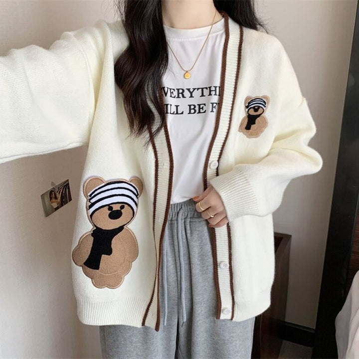 Damen Strickjacke mit Bärenapplikationen und Kontrastdetails Drune