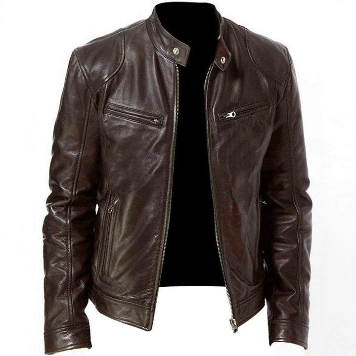 Herren nan vintage-inspirierte Lederjacke im Bikerstil mit Stehkragen und sichtbaren Reißverschlüssen Drune