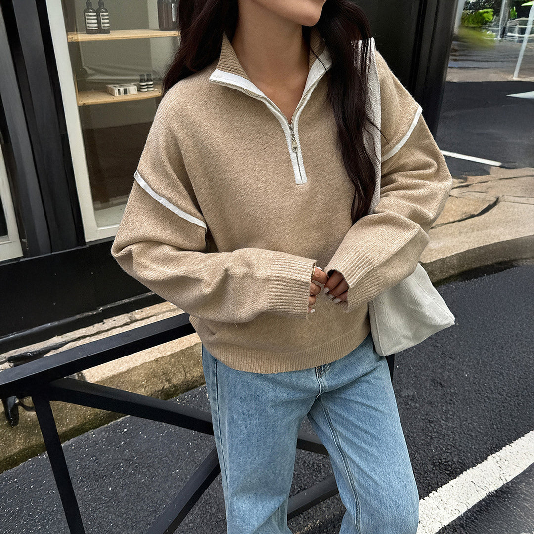 Damen nan oversized Strickpullover mit halbem Reißverschluss, Kontrastpaspeln und überschnittener Schulter Drune