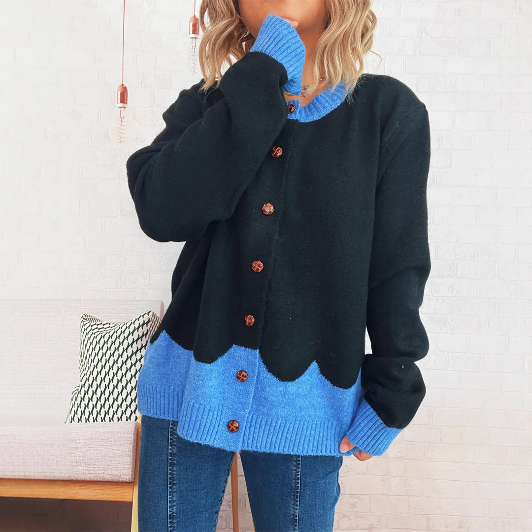 Damen kuschelige Strickjacke mit kontrastierenden Bündchen und Knopfdetails Drune