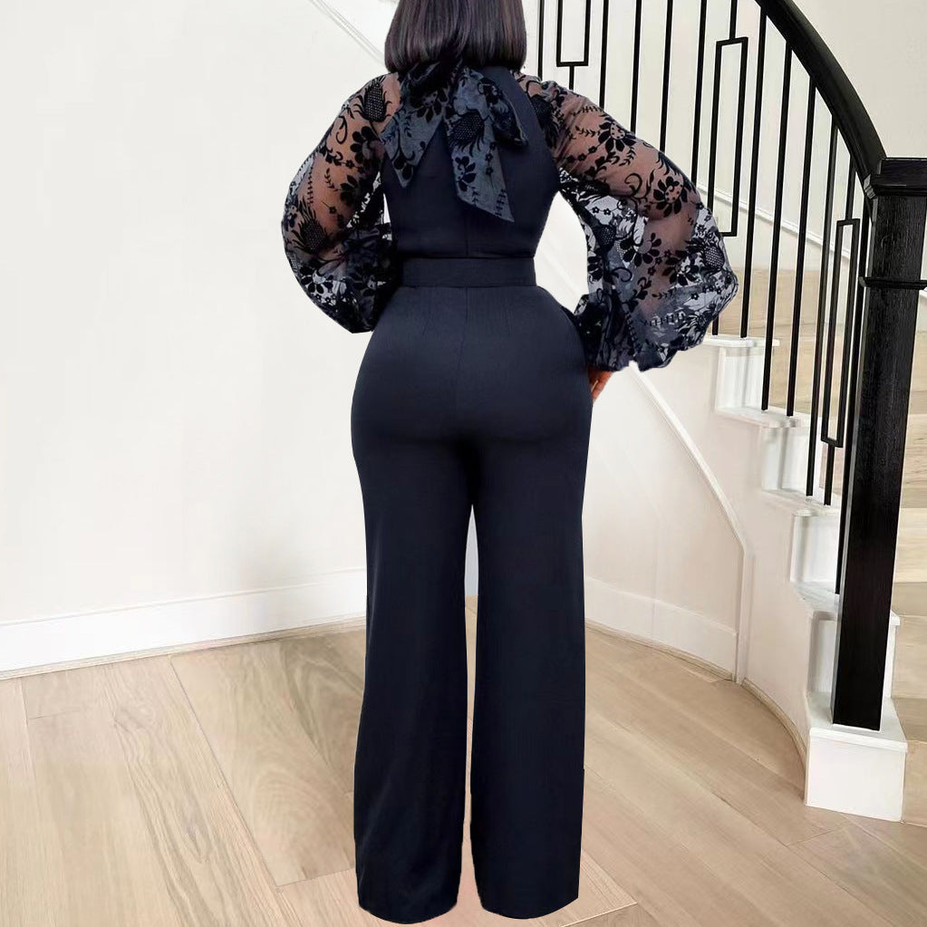 Damen Jumpsuit mit eleganten Puffärmeln und Taillengürtel Drune