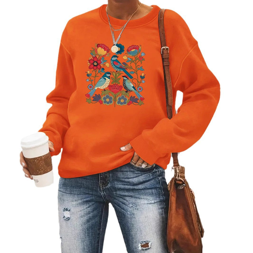 Damen Sweatshirt mit floralem Vogelmotiv und lässigem Schnitt Drune