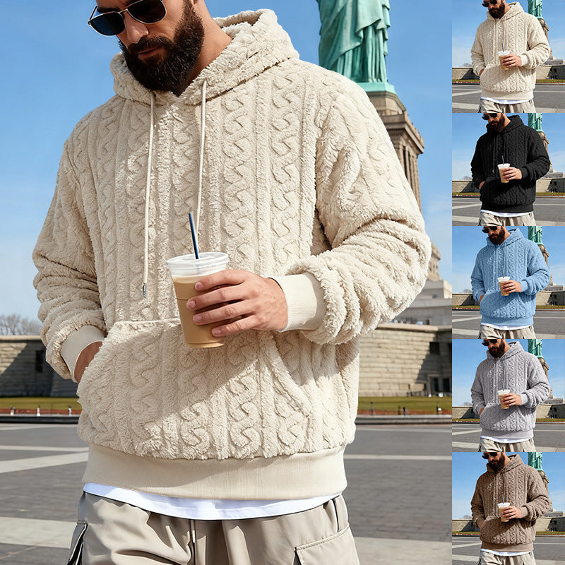 Herren nan Kuscheliger Sherpa-Hoodie mit Zopfmuster, Kängurutasche und Rippbündchen Drune