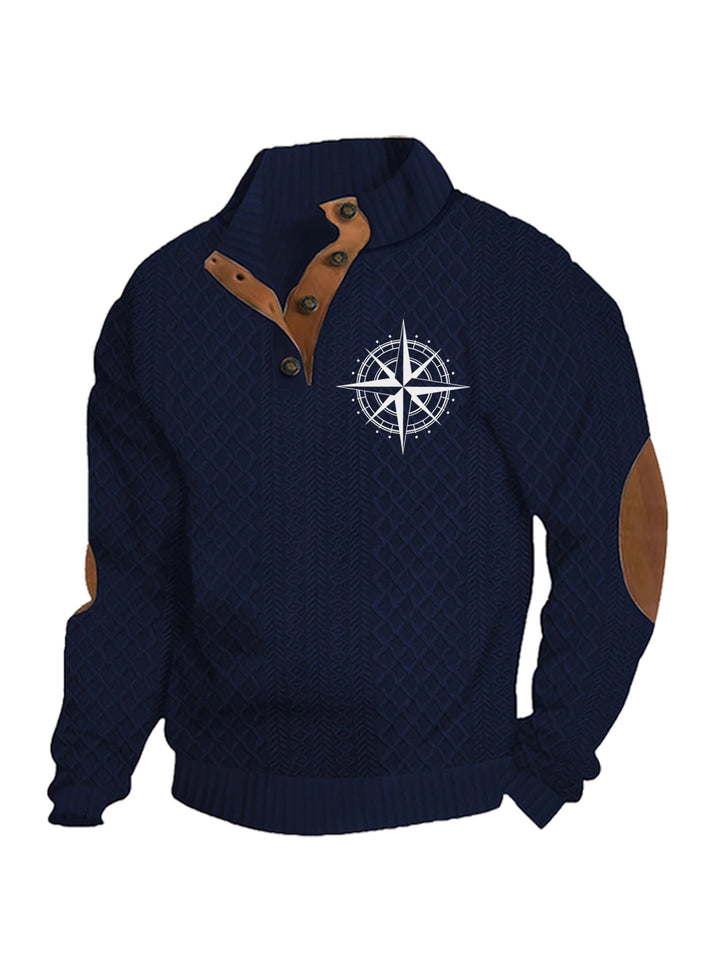 Herren nan Heritage-Strukturpullover mit Stehkragen Lederimitat-Besatz Ellenbogen-Patches und Halbknopfleiste Drune