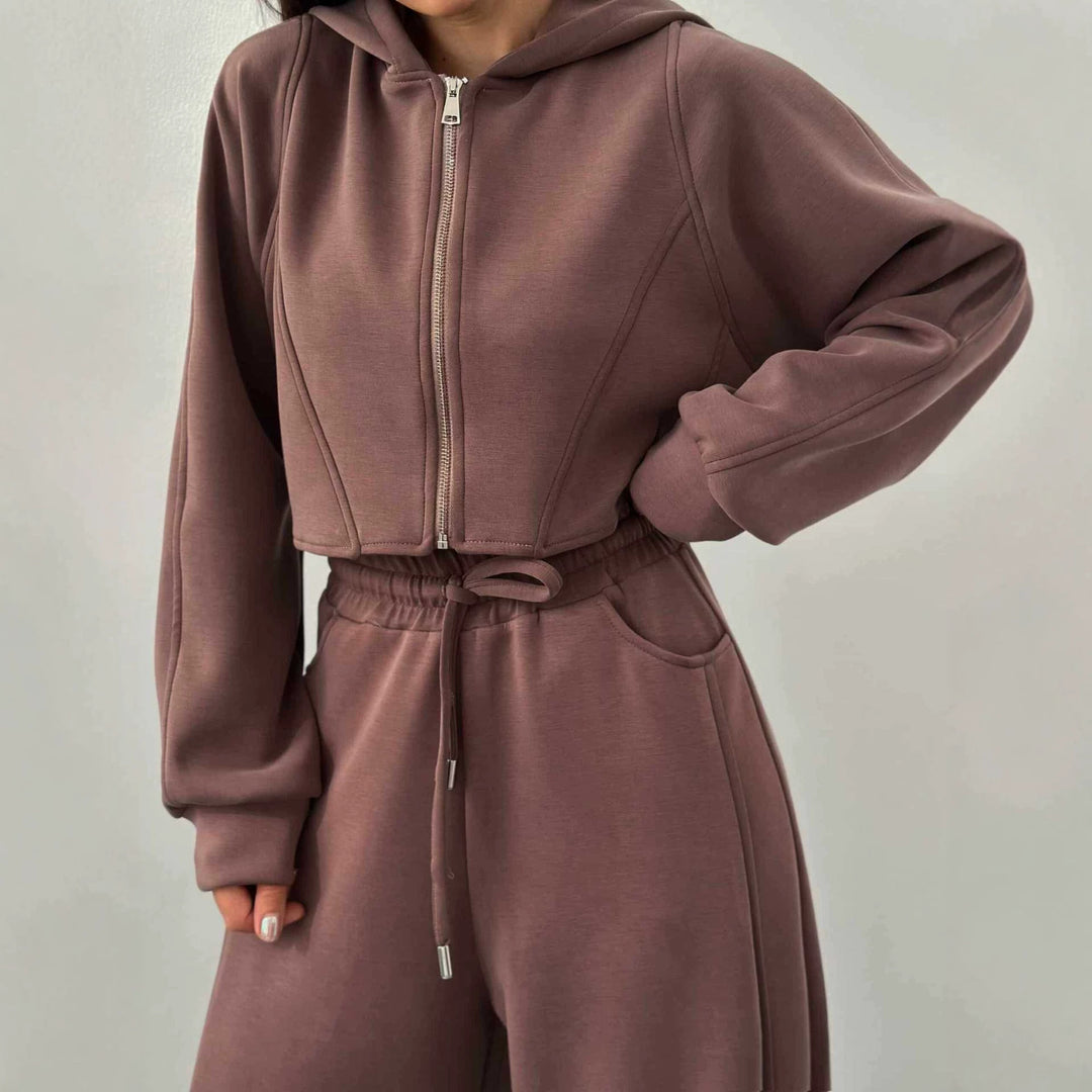 Damen nan weite Highwaist-Loungehose mit Tunnelzug, Eingrifftaschen und Ziernähten Drune